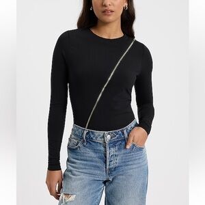 Express Black Long Sleeve Top with Diagonal Zipper